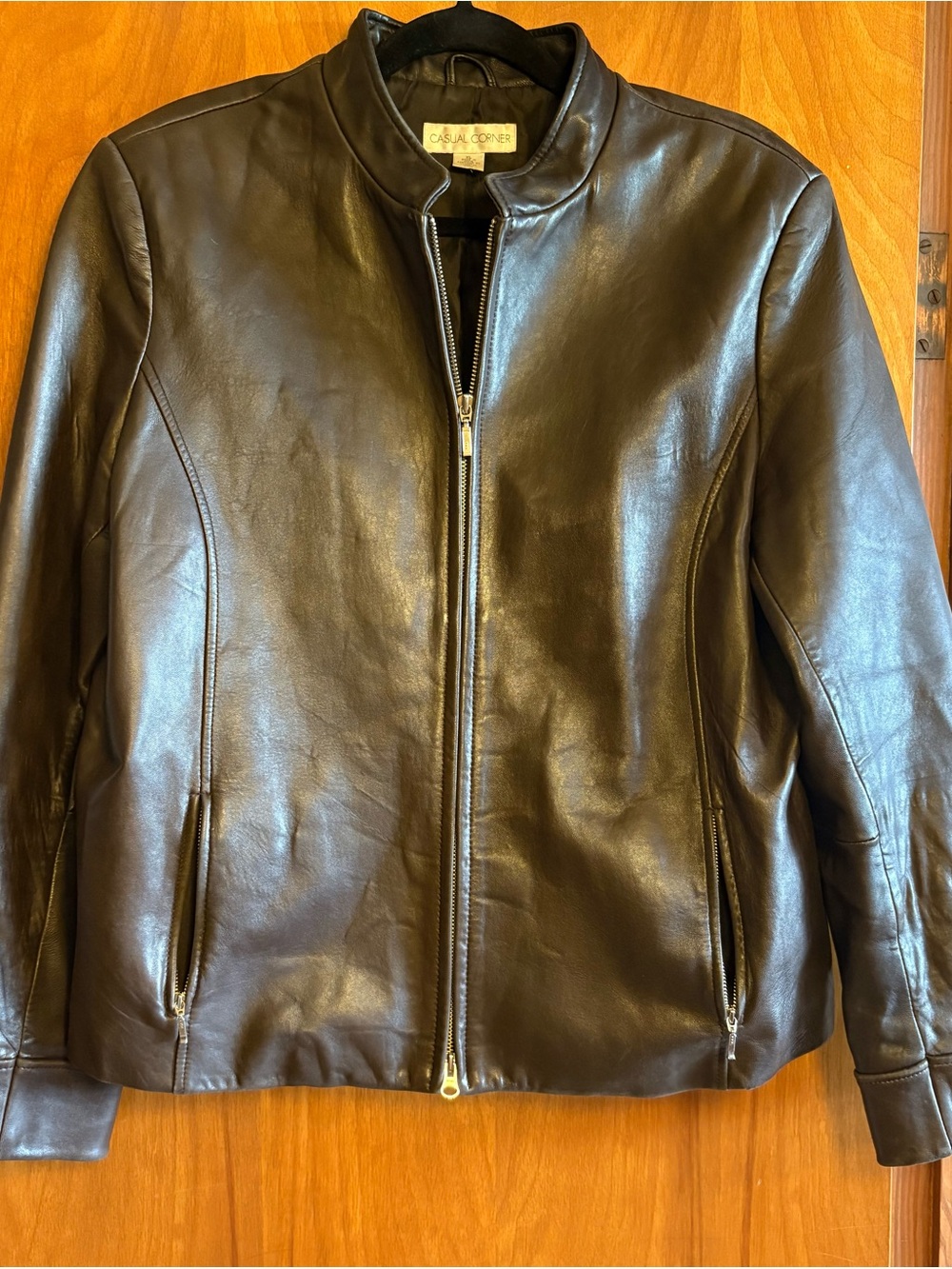 Casual Corner womans Dark Brown Leather Zip-Front Bomber Jacket